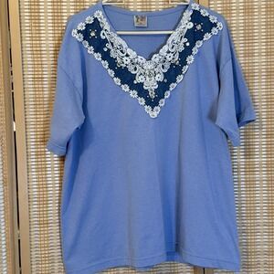CACTUS WOMENS SHIRT VTG 80S XL RHINESTONE WHITE LACE WESTERN BLUE DENIM TRIM TOP